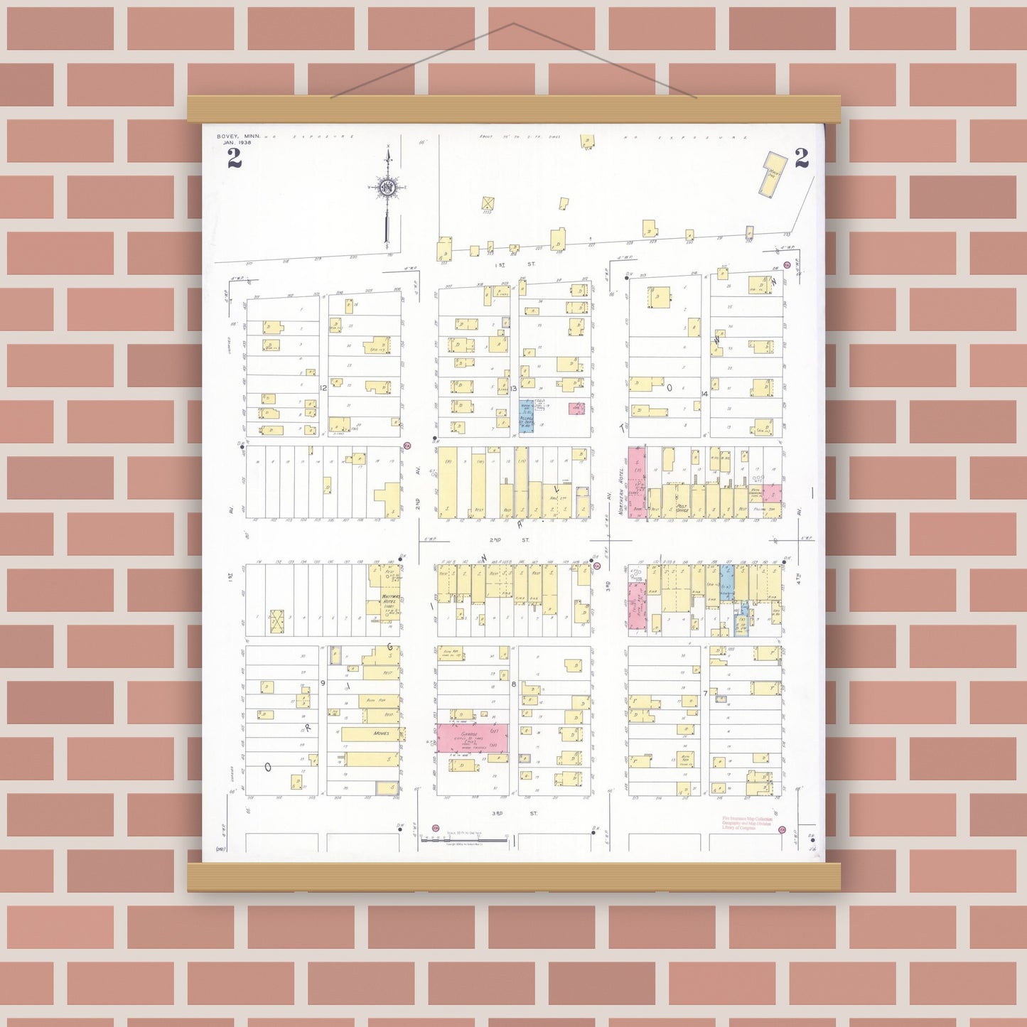 Old map wall art mockup — magnetic wood frame on brick wall — Sanborn Fire Insurance Map from Bovey, Itasca County, Minnesota (1938), Sheet #0002