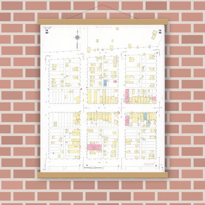 Old map wall art mockup — magnetic wood frame on brick wall — Sanborn Fire Insurance Map from Bovey, Itasca County, Minnesota (1938), Sheet #0002
