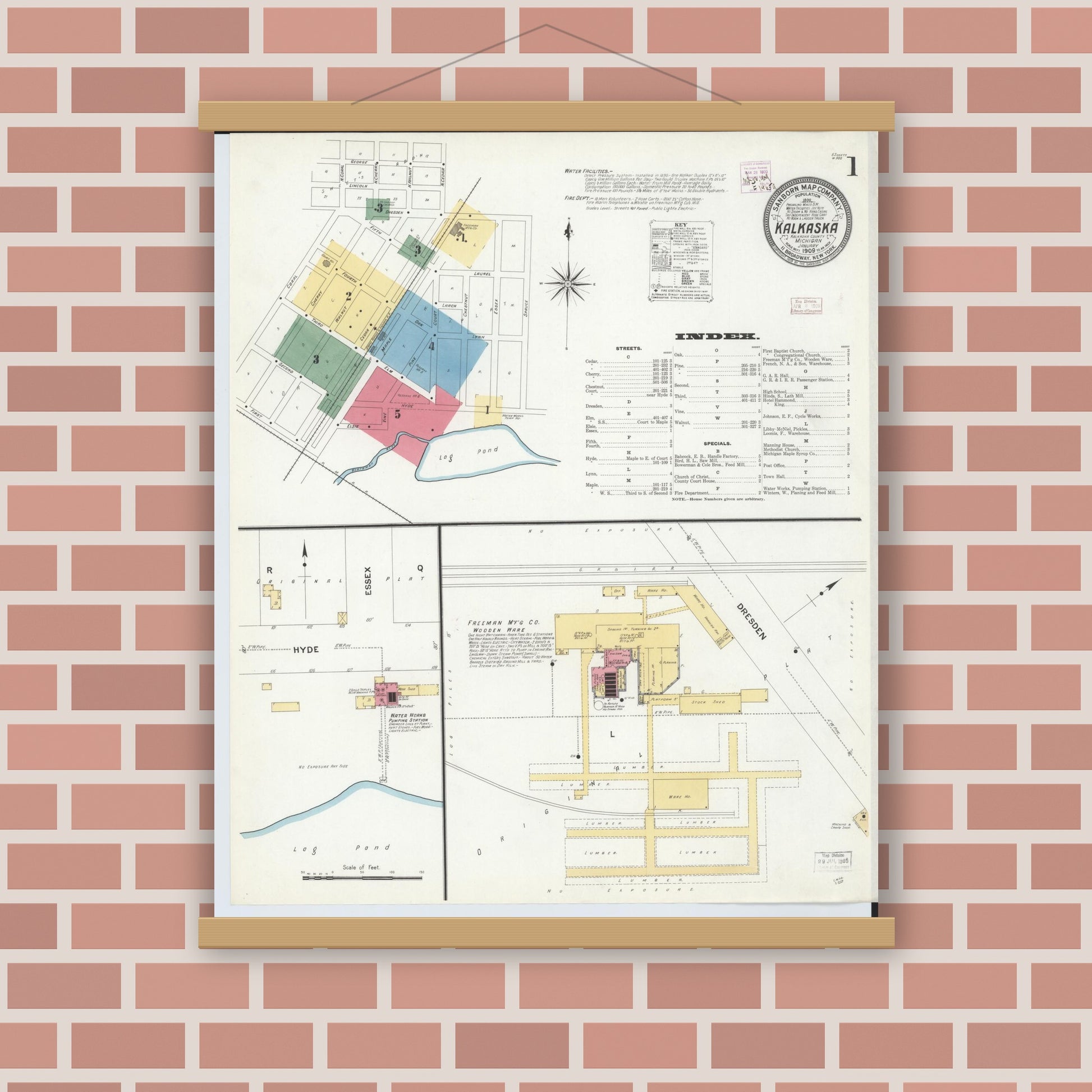 Old map wall art mockup — magnetic wood frame on brick wall — Sanborn Fire Insurance Map from Kalkaska, Kalkaska County, Michigan (1909) - Complete Map Set