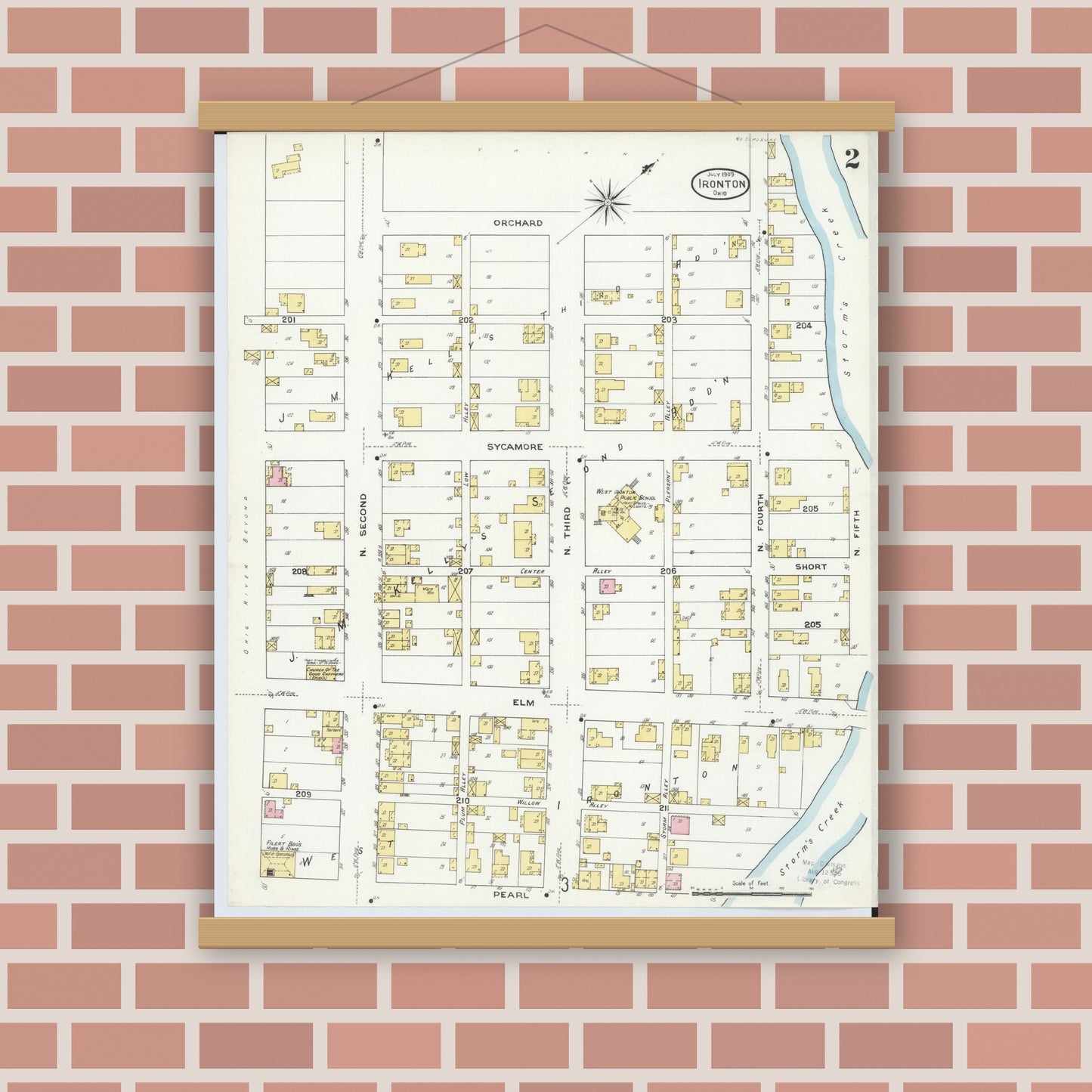Old map wall art mockup — magnetic wood frame on brick wall — Sanborn Fire Insurance Map from Ironton, Lawrence County, Ohio (1909), Sheet #0002