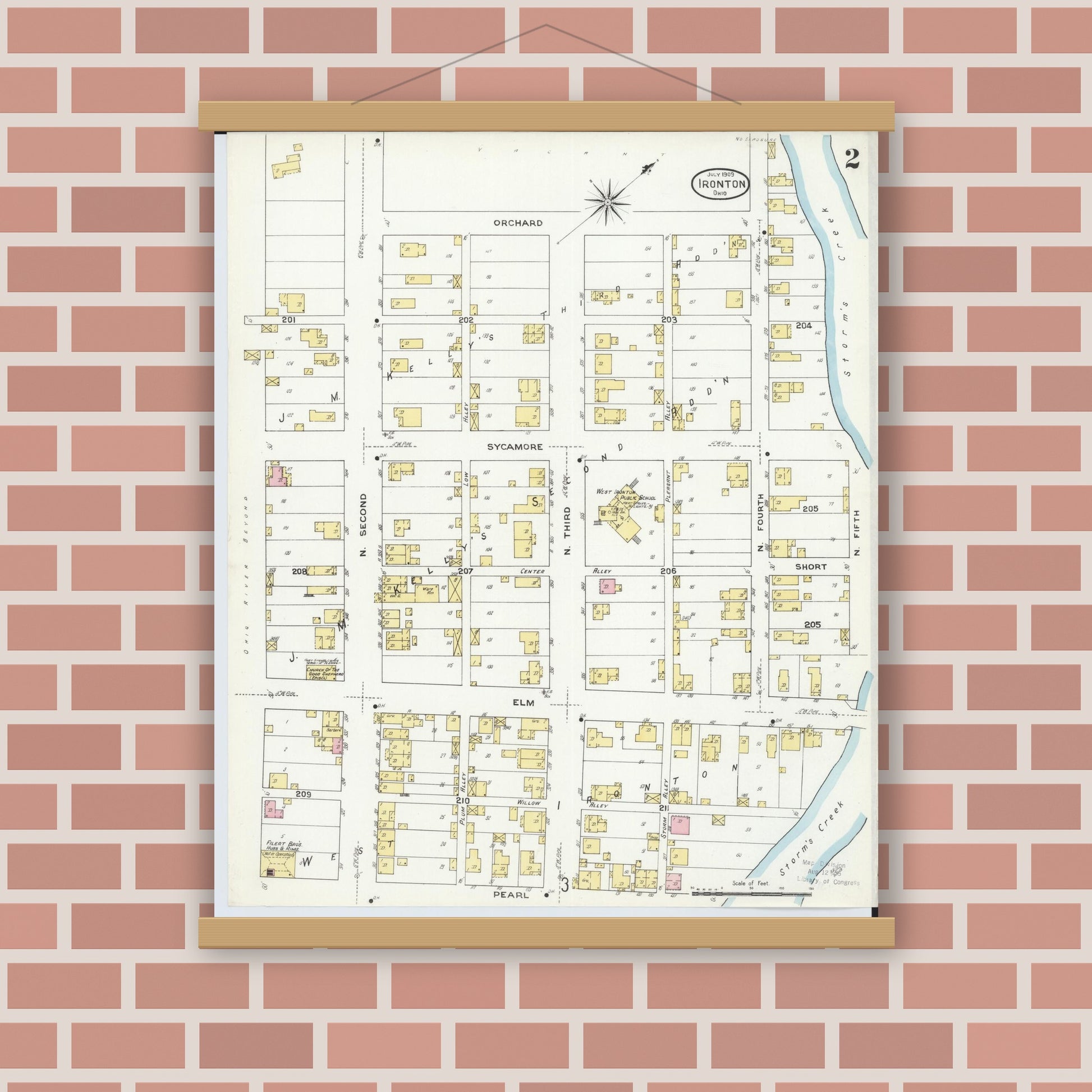 Old map wall art mockup — magnetic wood frame on brick wall — Sanborn Fire Insurance Map from Ironton, Lawrence County, Ohio (1909), Sheet #0002