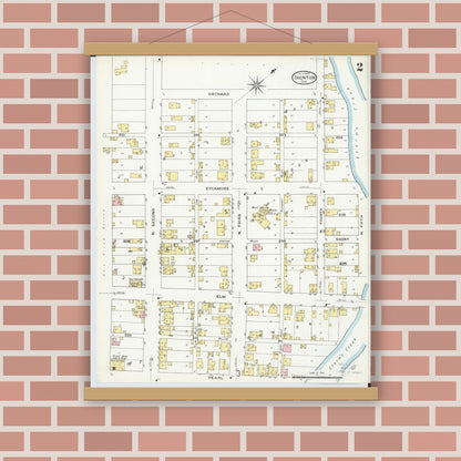 Old map wall art mockup — magnetic wood frame on brick wall — Sanborn Fire Insurance Map from Ironton, Lawrence County, Ohio (1909), Sheet #0002