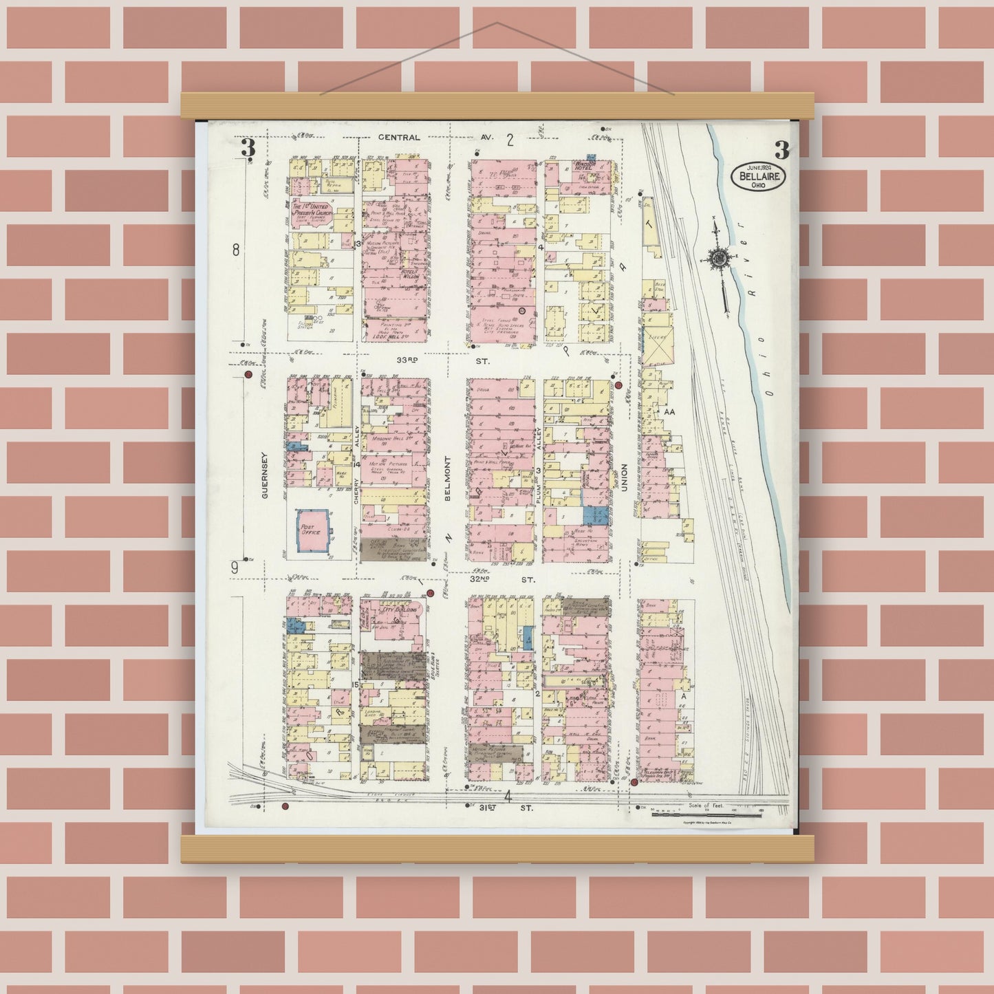 Old map wall art mockup — magnetic wood frame on brick wall — Sanborn Fire Insurance Map from Bellaire, Belmont County, Ohio (1924), Sheet #0003