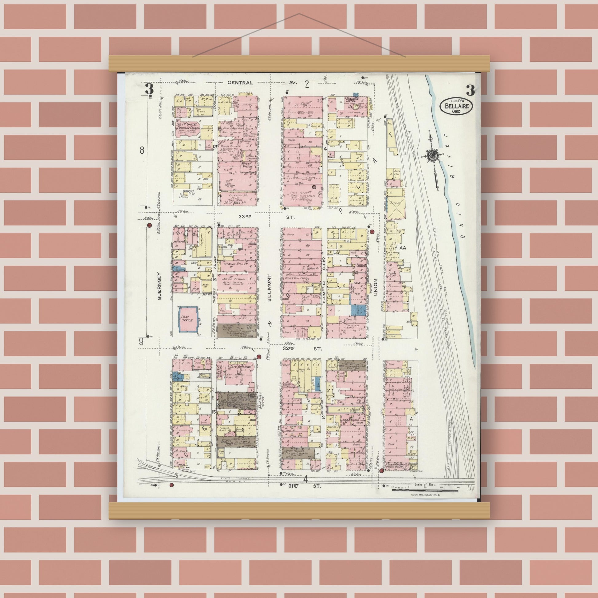 Old map wall art mockup — magnetic wood frame on brick wall — Sanborn Fire Insurance Map from Bellaire, Belmont County, Ohio (1924), Sheet #0003