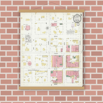 Old map wall art mockup — magnetic wood frame on brick wall — Sanborn Fire Insurance Map from Cameron, Milam County, Texas (1901), Sheet #0001