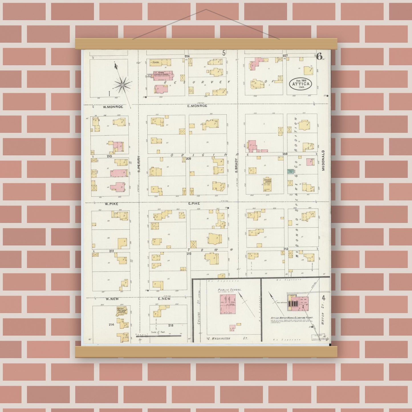 Old map wall art mockup — magnetic wood frame on brick wall — Sanborn Fire Insurance Map from Attica, Fountain County, Indiana (1905), Sheet #0006