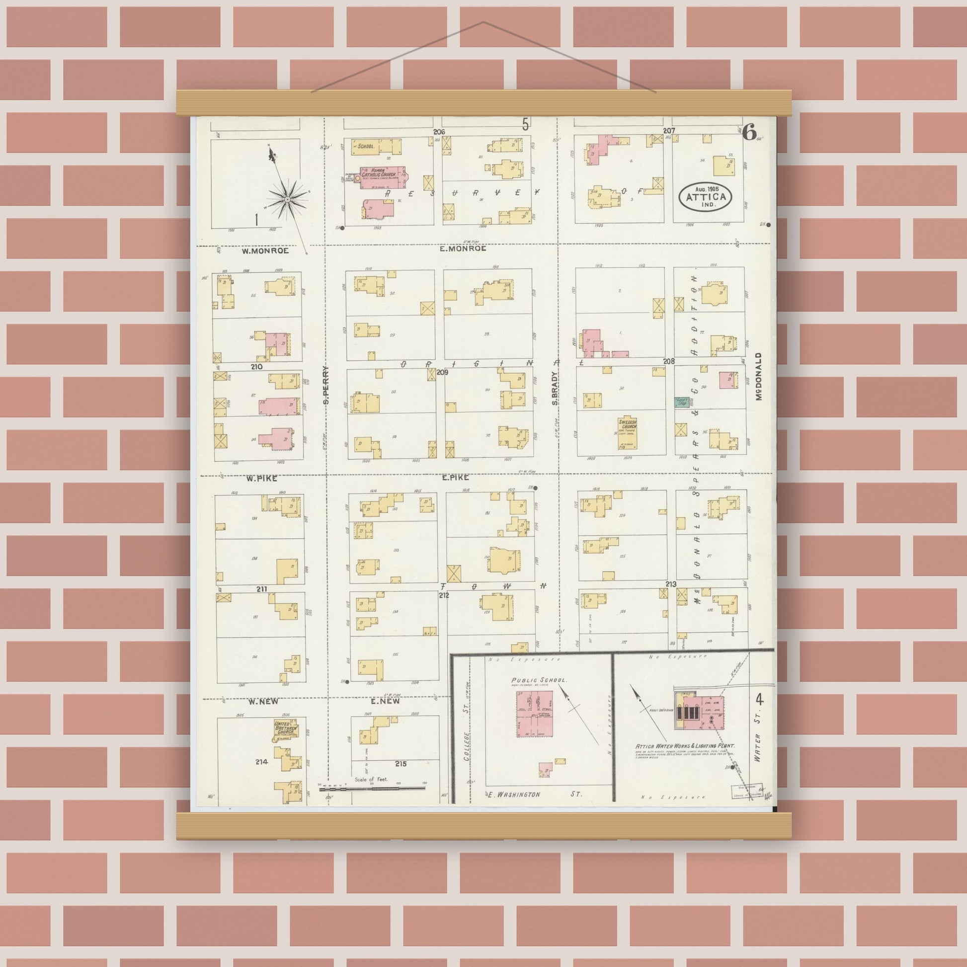 Old map wall art mockup — magnetic wood frame on brick wall — Sanborn Fire Insurance Map from Attica, Fountain County, Indiana (1905), Sheet #0006