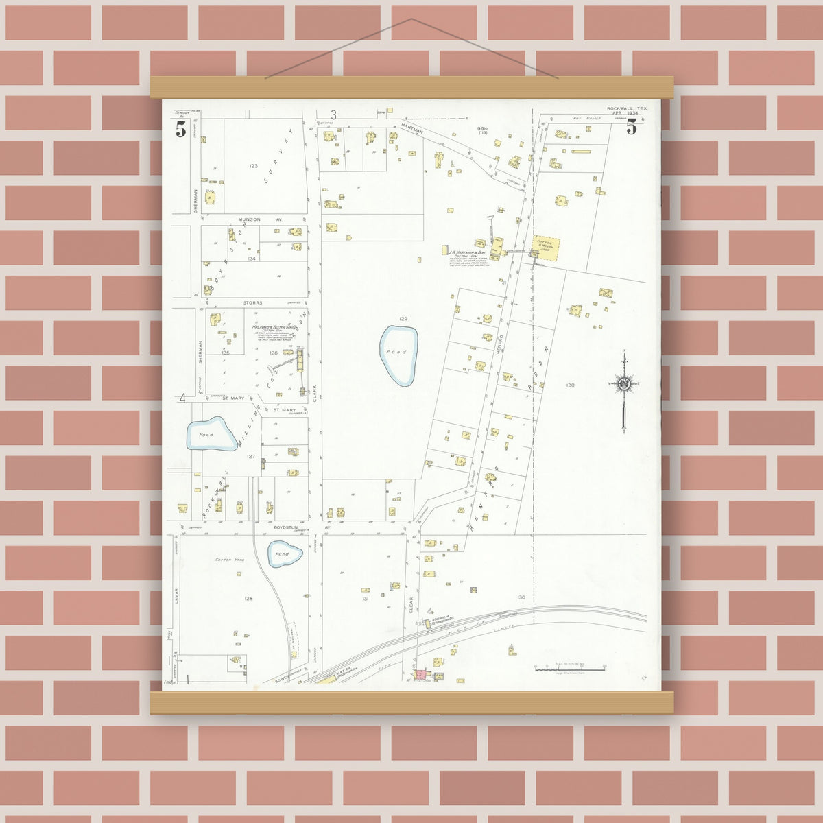 Old map wall art mockup — magnetic wood frame on brick wall — Sanborn Fire Insurance Map from Rockwall, Rockwall County, Texas (1934), Sheet #0005