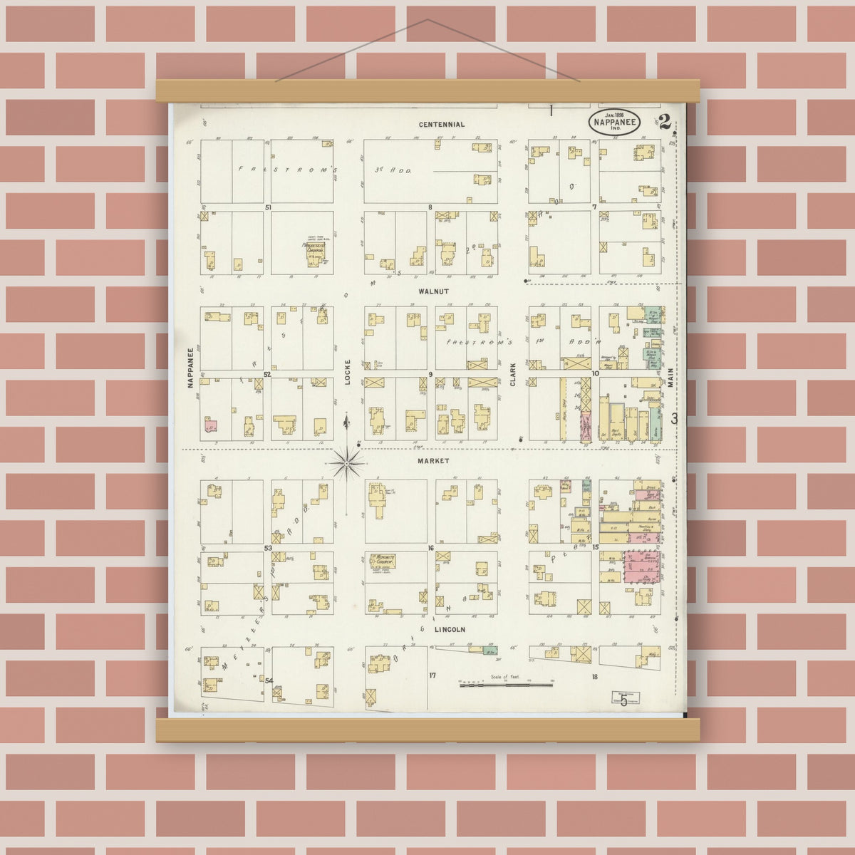 Old map wall art mockup — magnetic wood frame on brick wall — Sanborn Fire Insurance Map from Nappanee, Elkhart County, Indiana (1898), Sheet #0002