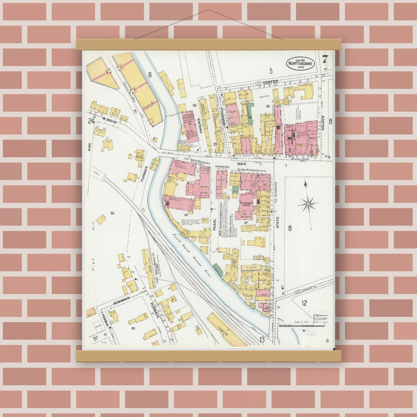 Old map wall art mockup — magnetic wood frame on brick wall — Sanborn Fire Insurance Map from North Adams, Berkshire County, Massachusetts (1901), Sheet #0007