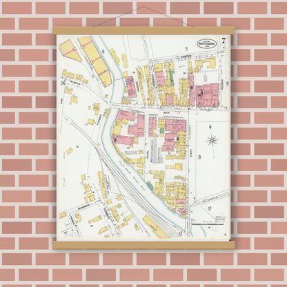 Old map wall art mockup — magnetic wood frame on brick wall — Sanborn Fire Insurance Map from North Adams, Berkshire County, Massachusetts (1901), Sheet #0007