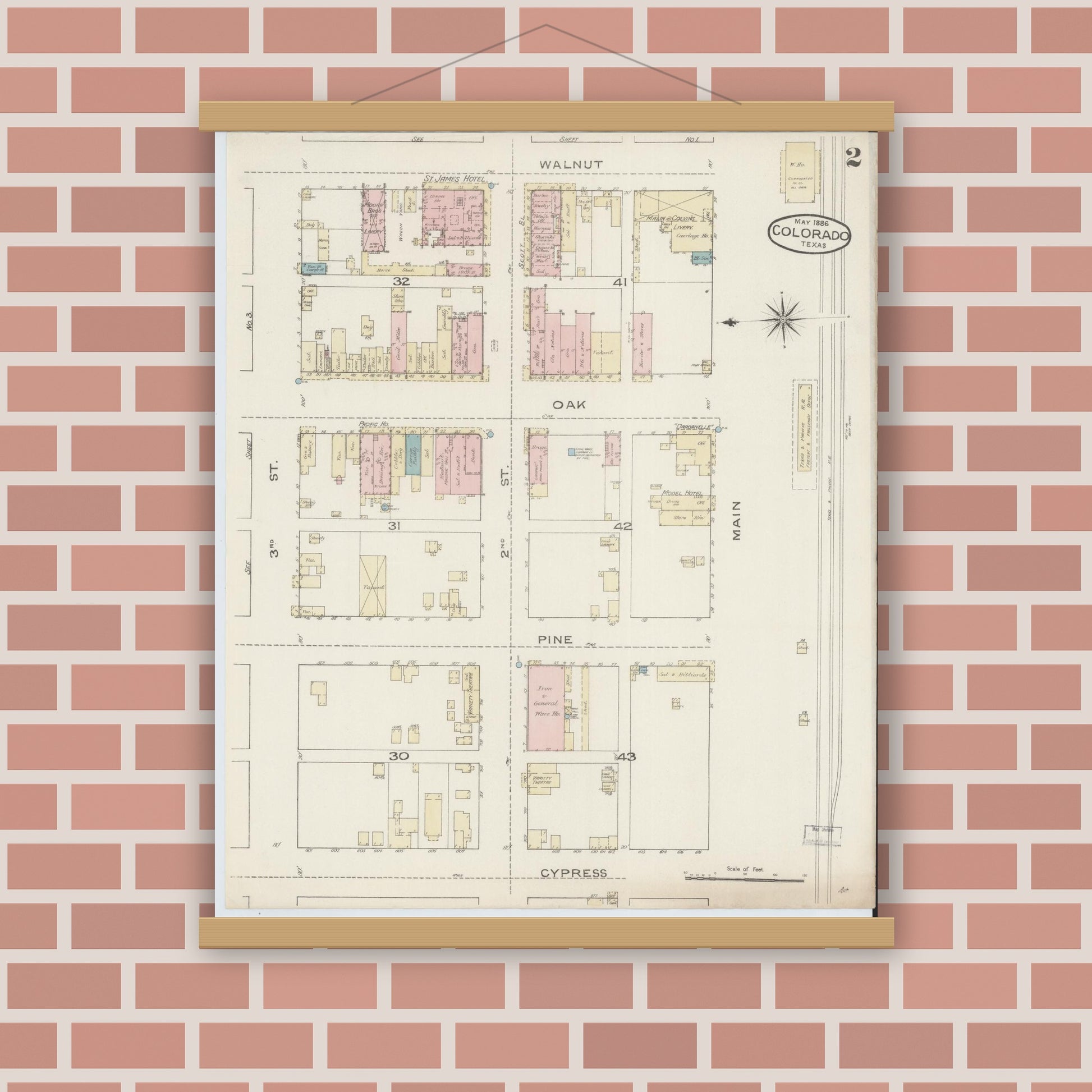 Old map wall art mockup — magnetic wood frame on brick wall — Sanborn Fire Insurance Map from Colorado, Mitchell County, Texas (1886), Sheet #0002