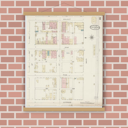Old map wall art mockup — magnetic wood frame on brick wall — Sanborn Fire Insurance Map from Colorado, Mitchell County, Texas (1886), Sheet #0002