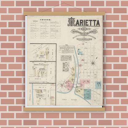 Old map wall art mockup — magnetic wood frame on brick wall — Sanborn Fire Insurance Map from Marietta, Washington County, Ohio (1884) - Complete Map Set