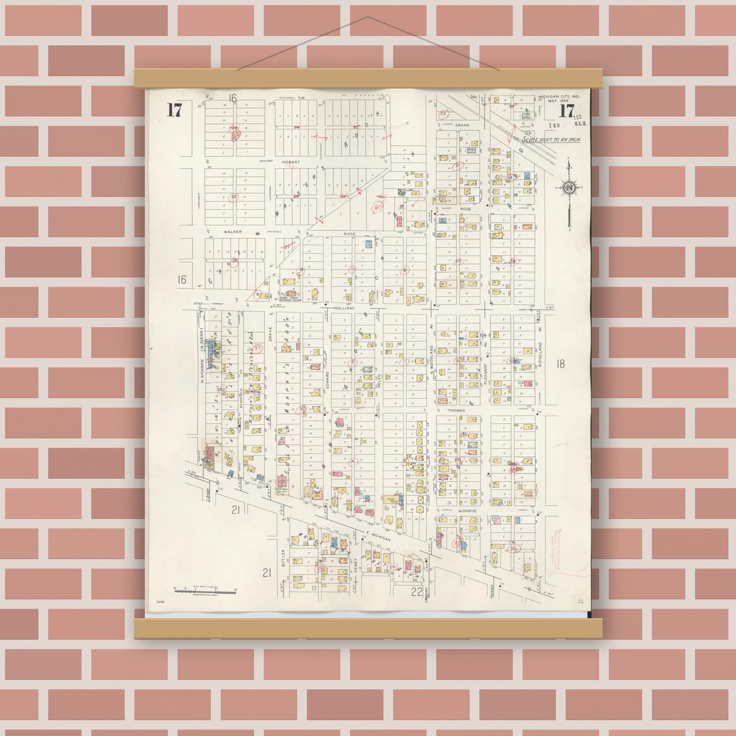 Old map wall art mockup — magnetic wood frame on brick wall — Sanborn Fire Insurance Map from Michigan City, La Porte County, Indiana (1948), Sheet #0017