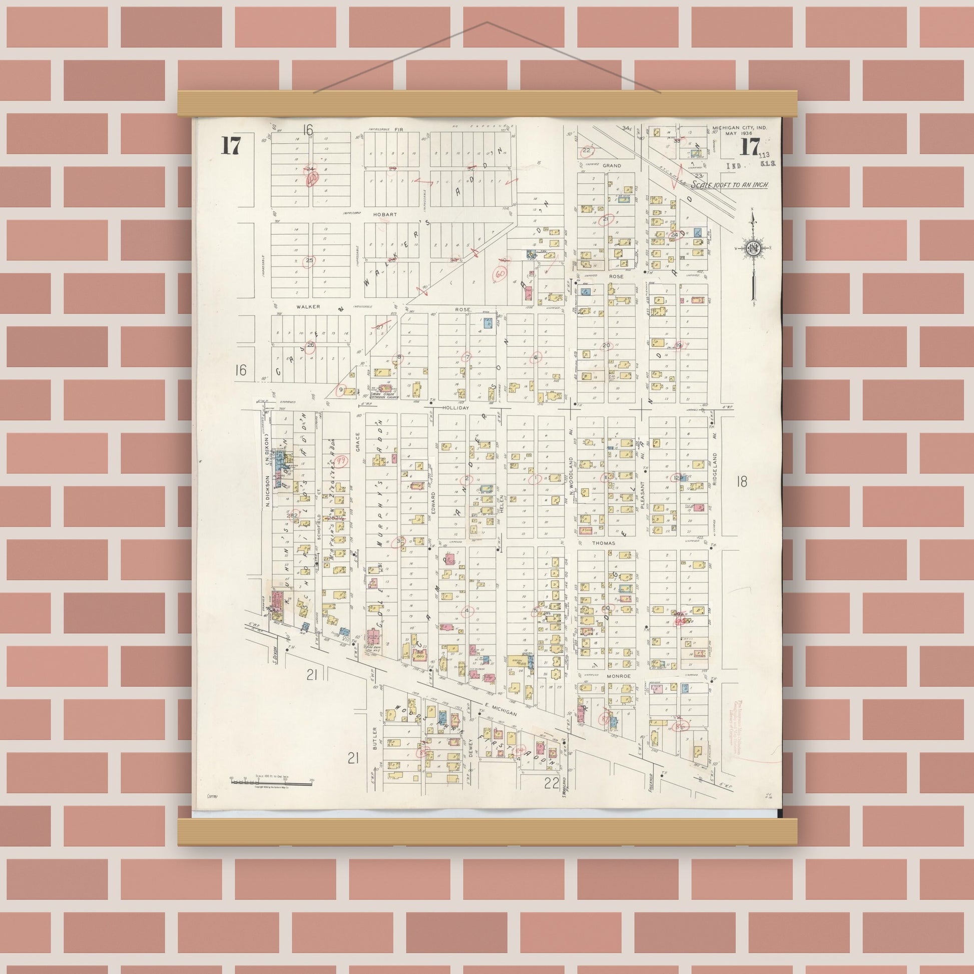 Old map wall art mockup — magnetic wood frame on brick wall — Sanborn Fire Insurance Map from Michigan City, La Porte County, Indiana (1948), Sheet #0017