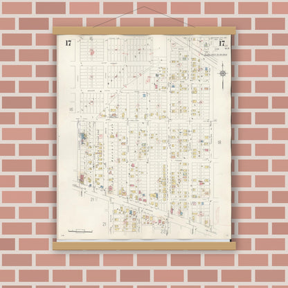 Old map wall art mockup — magnetic wood frame on brick wall — Sanborn Fire Insurance Map from Michigan City, La Porte County, Indiana (1948), Sheet #0017
