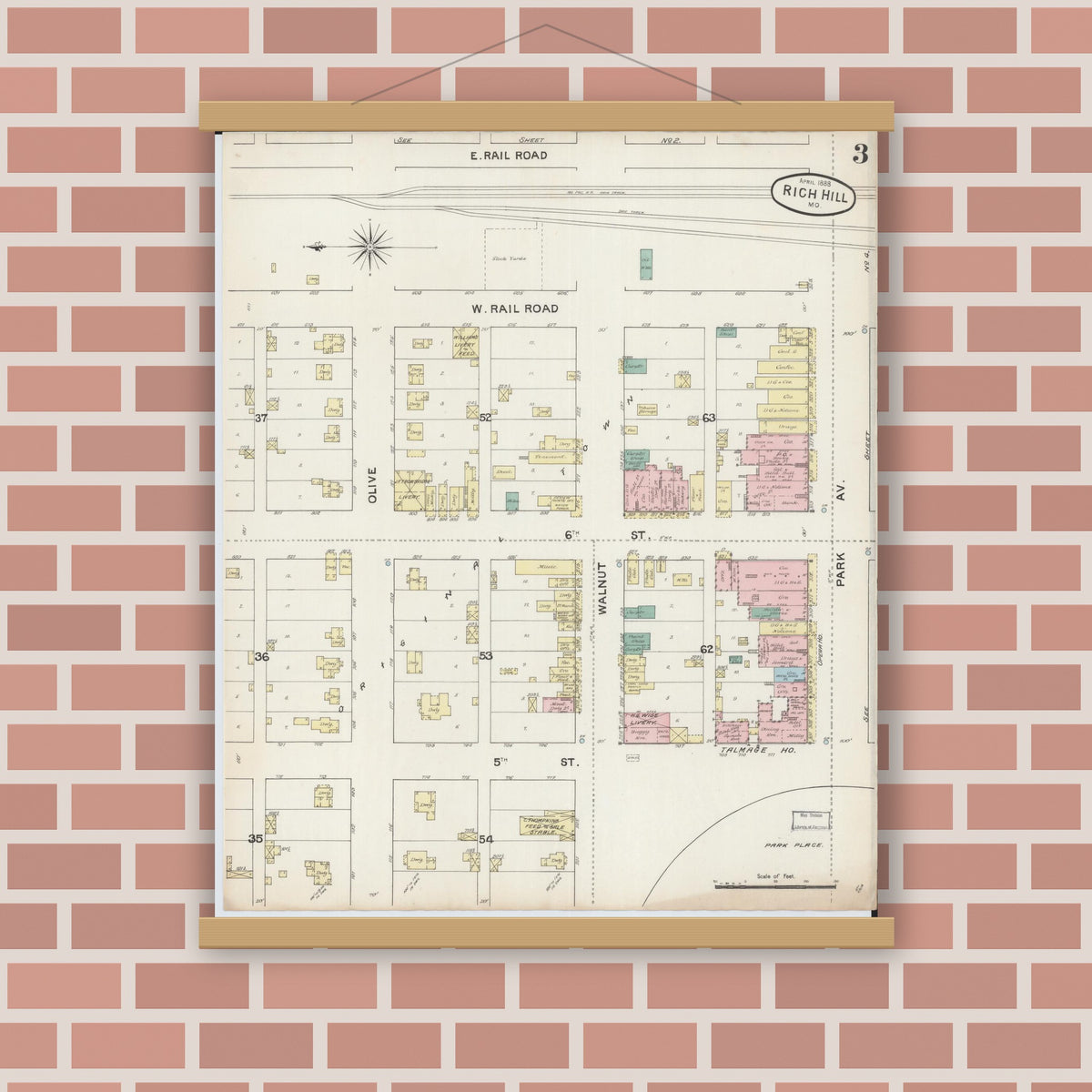 Old map wall art mockup — magnetic wood frame on brick wall — Sanborn Fire Insurance Map from Rich Hill, Bates County, Missouri (1888), Sheet #0003