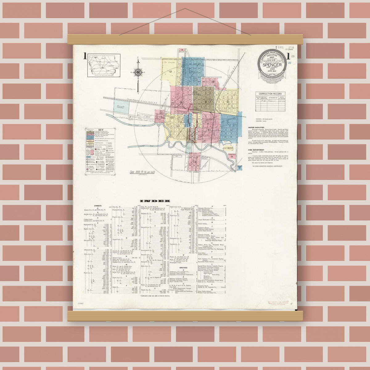 Old map wall art mockup — magnetic wood frame on brick wall — Sanborn Fire Insurance Map from Spencer, Clay County, Iowa (1946), Sheet #0001