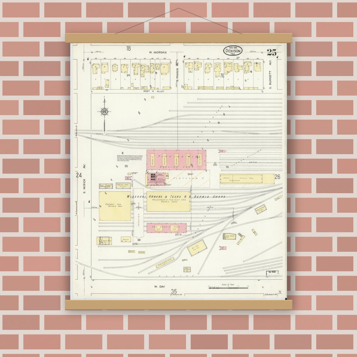 Old map wall art mockup — magnetic wood frame on brick wall — Sanborn Fire Insurance Map from Denison, Grayson County, Texas (1914), Sheet #0025