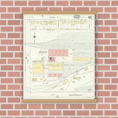 Old map wall art mockup — magnetic wood frame on brick wall — Sanborn Fire Insurance Map from Denison, Grayson County, Texas (1914), Sheet #0025