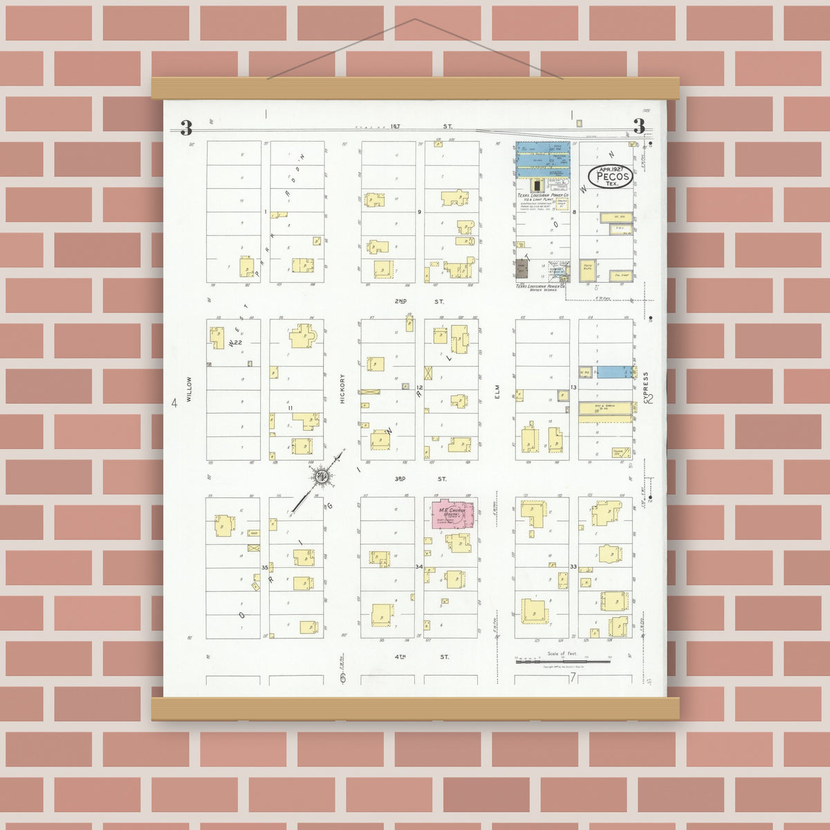 Old map wall art mockup — magnetic wood frame on brick wall — Sanborn Fire Insurance Map from Pecos, Reeves County, Texas (1927), Sheet #0003