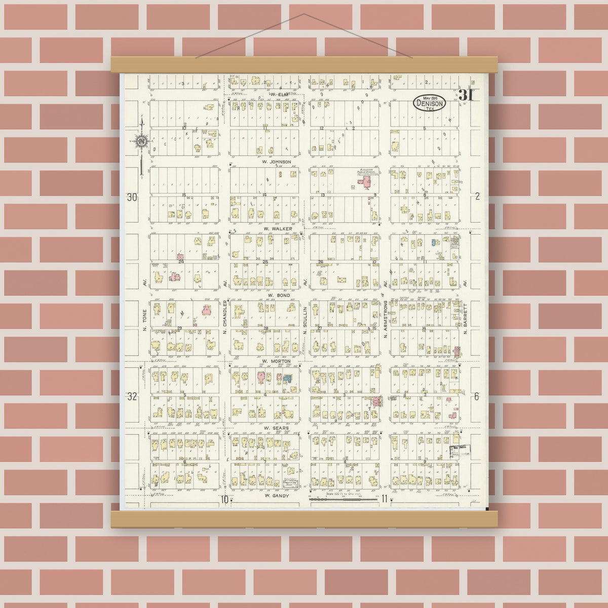 Old map wall art mockup — magnetic wood frame on brick wall — Sanborn Fire Insurance Map from Denison, Grayson County, Texas (1914), Sheet #0031