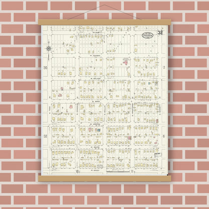 Old map wall art mockup — magnetic wood frame on brick wall — Sanborn Fire Insurance Map from Denison, Grayson County, Texas (1914), Sheet #0031