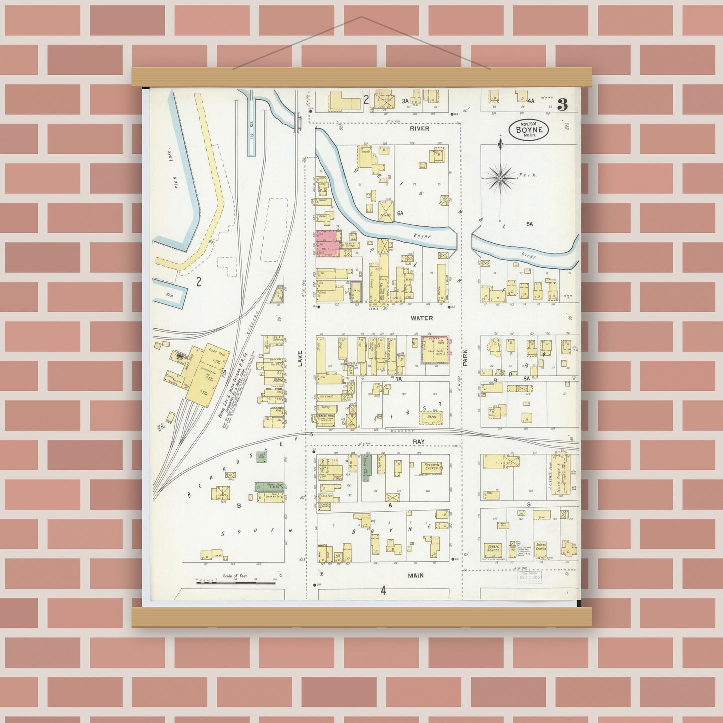 Old map wall art mockup — magnetic wood frame on brick wall — Sanborn Fire Insurance Map from Boyne City, Charlevoix County, Michigan (1901), Sheet #0003