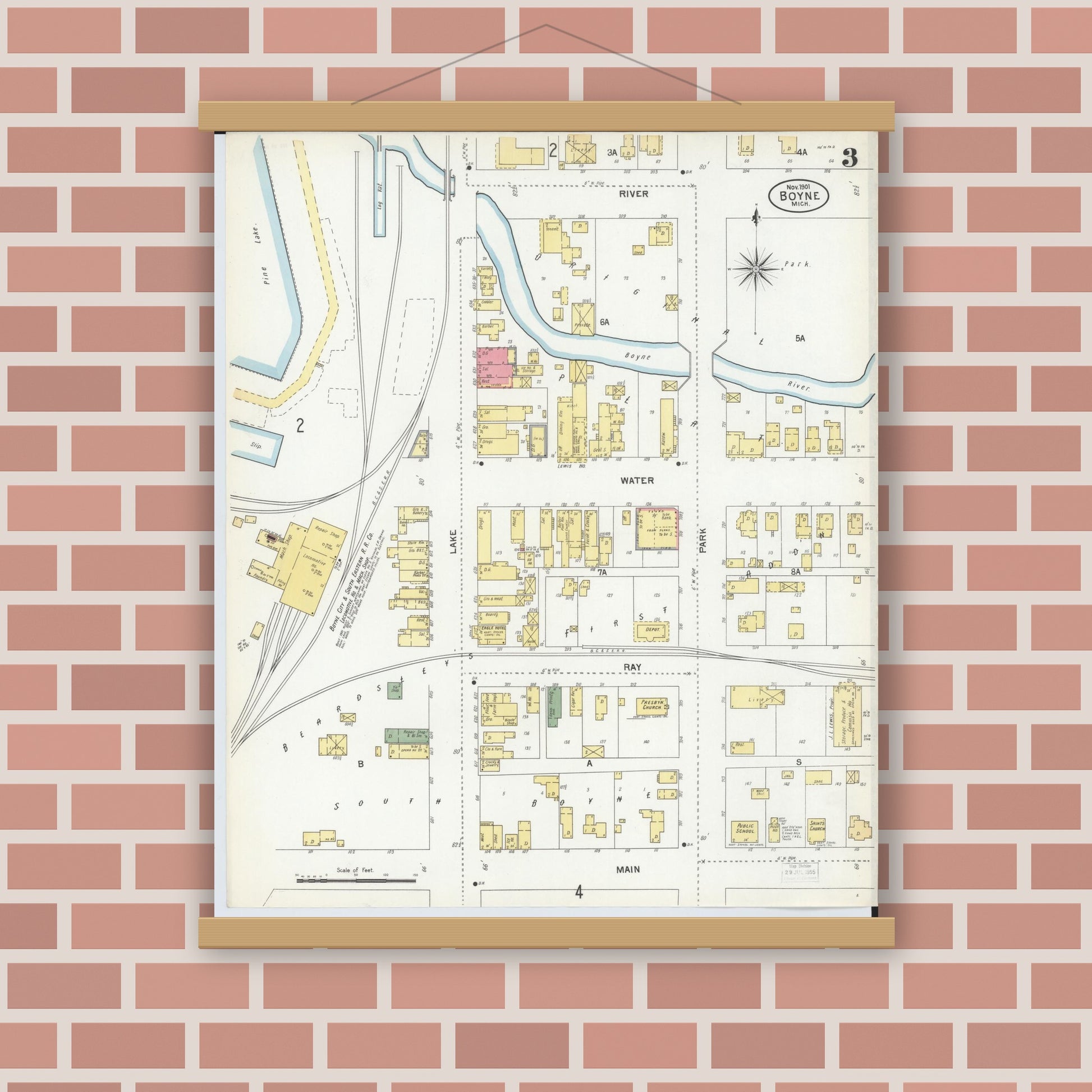 Old map wall art mockup — magnetic wood frame on brick wall — Sanborn Fire Insurance Map from Boyne City, Charlevoix County, Michigan (1901), Sheet #0003