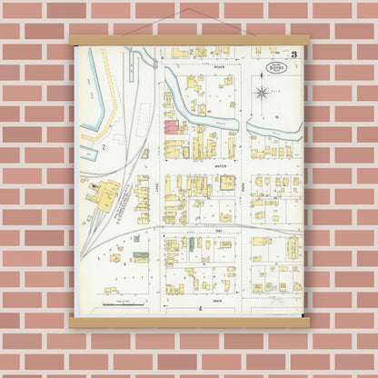 Old map wall art mockup — magnetic wood frame on brick wall — Sanborn Fire Insurance Map from Boyne City, Charlevoix County, Michigan (1901), Sheet #0003