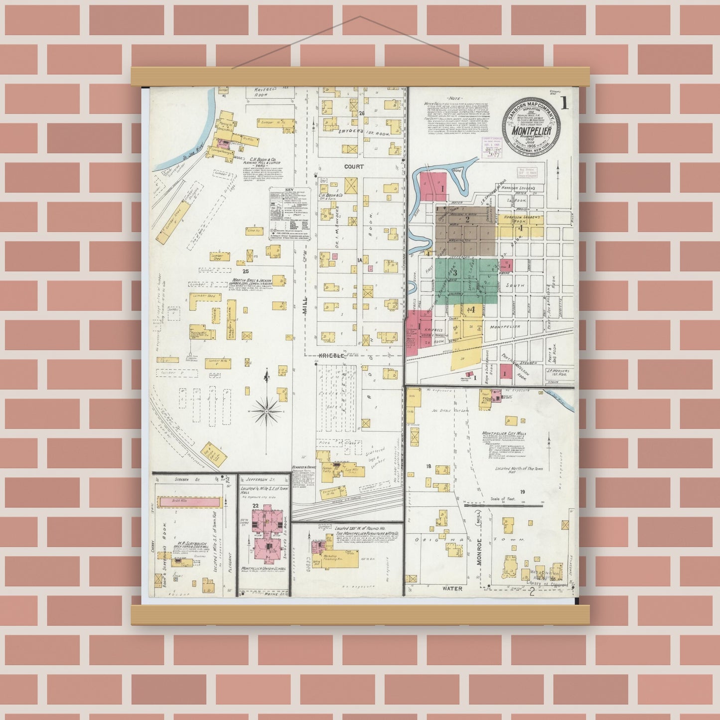 Old map wall art mockup — magnetic wood frame on brick wall — Sanborn Fire Insurance Map from Montpelier, Williams County, Ohio (1905), Sheet #0001