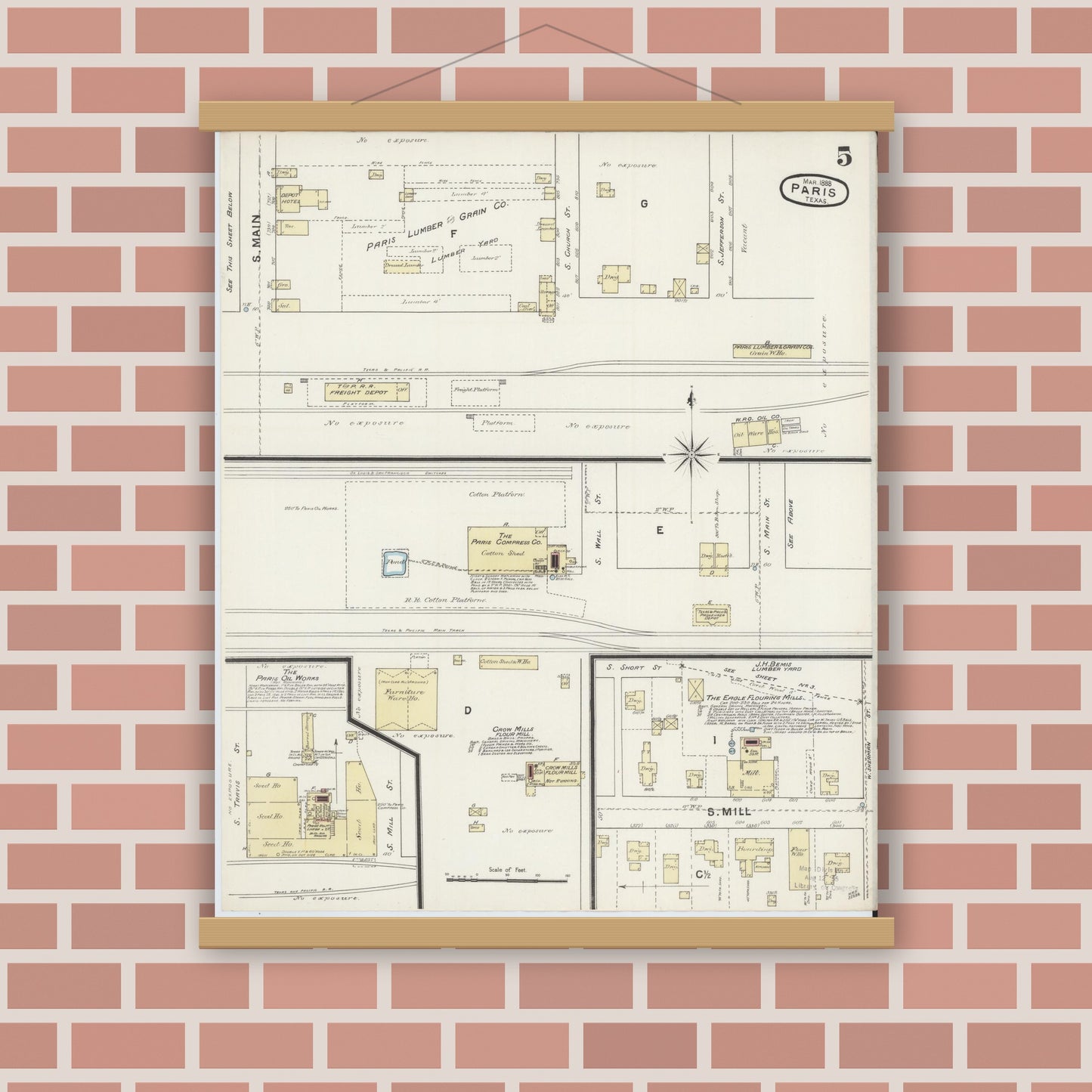 Old map wall art mockup — magnetic wood frame on brick wall — Sanborn Fire Insurance Map from Paris, Lamar County, Texas (1888), Sheet #0005