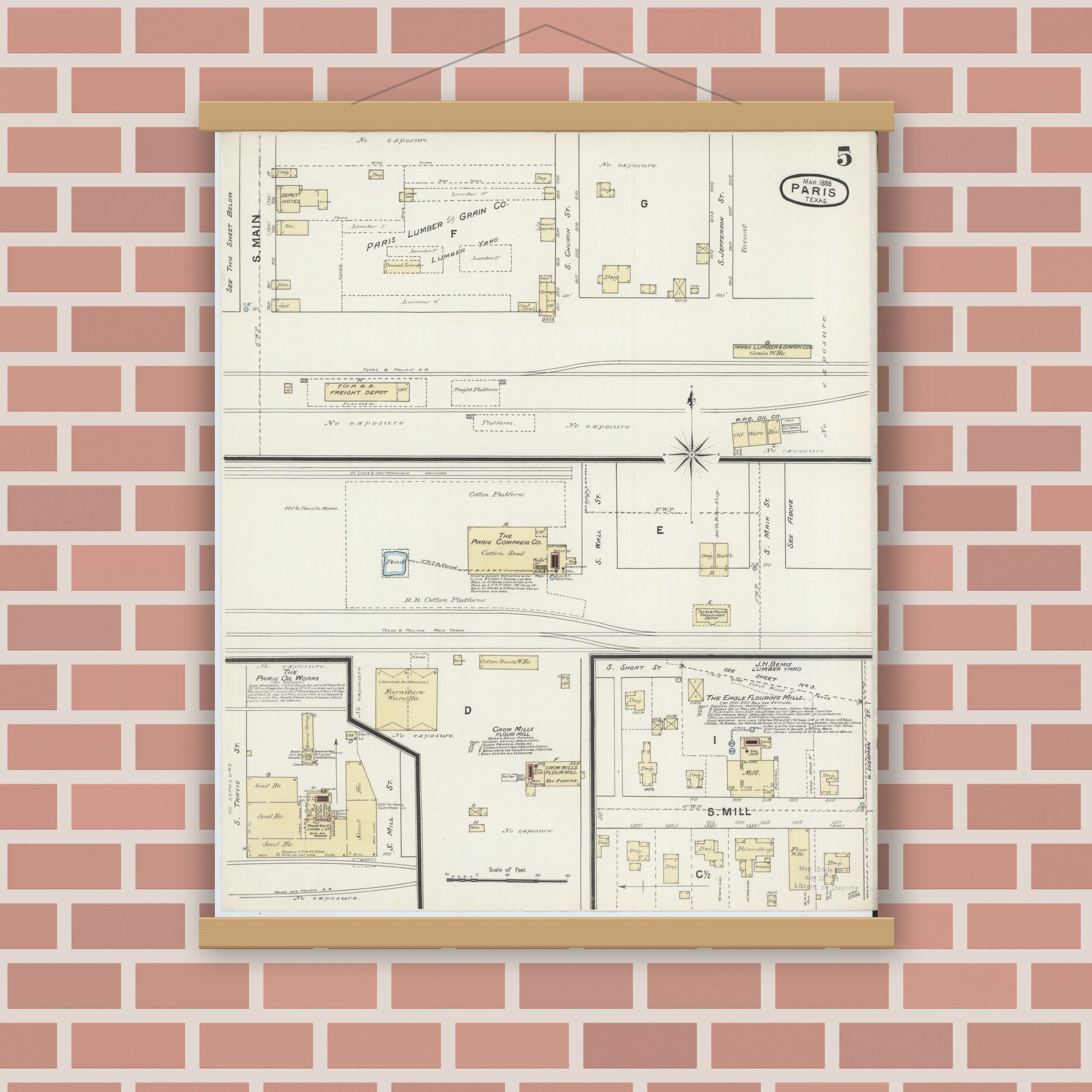 Old map wall art mockup — magnetic wood frame on brick wall — Sanborn Fire Insurance Map from Paris, Lamar County, Texas (1888), Sheet #0005
