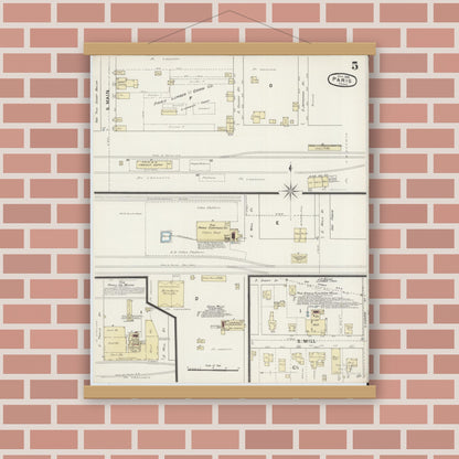 Old map wall art mockup — magnetic wood frame on brick wall — Sanborn Fire Insurance Map from Paris, Lamar County, Texas (1888), Sheet #0005