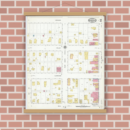 Old map wall art mockup — magnetic wood frame on brick wall — Sanborn Fire Insurance Map from Winnebago, Faribault County, Minnesota (1917), Sheet #0002