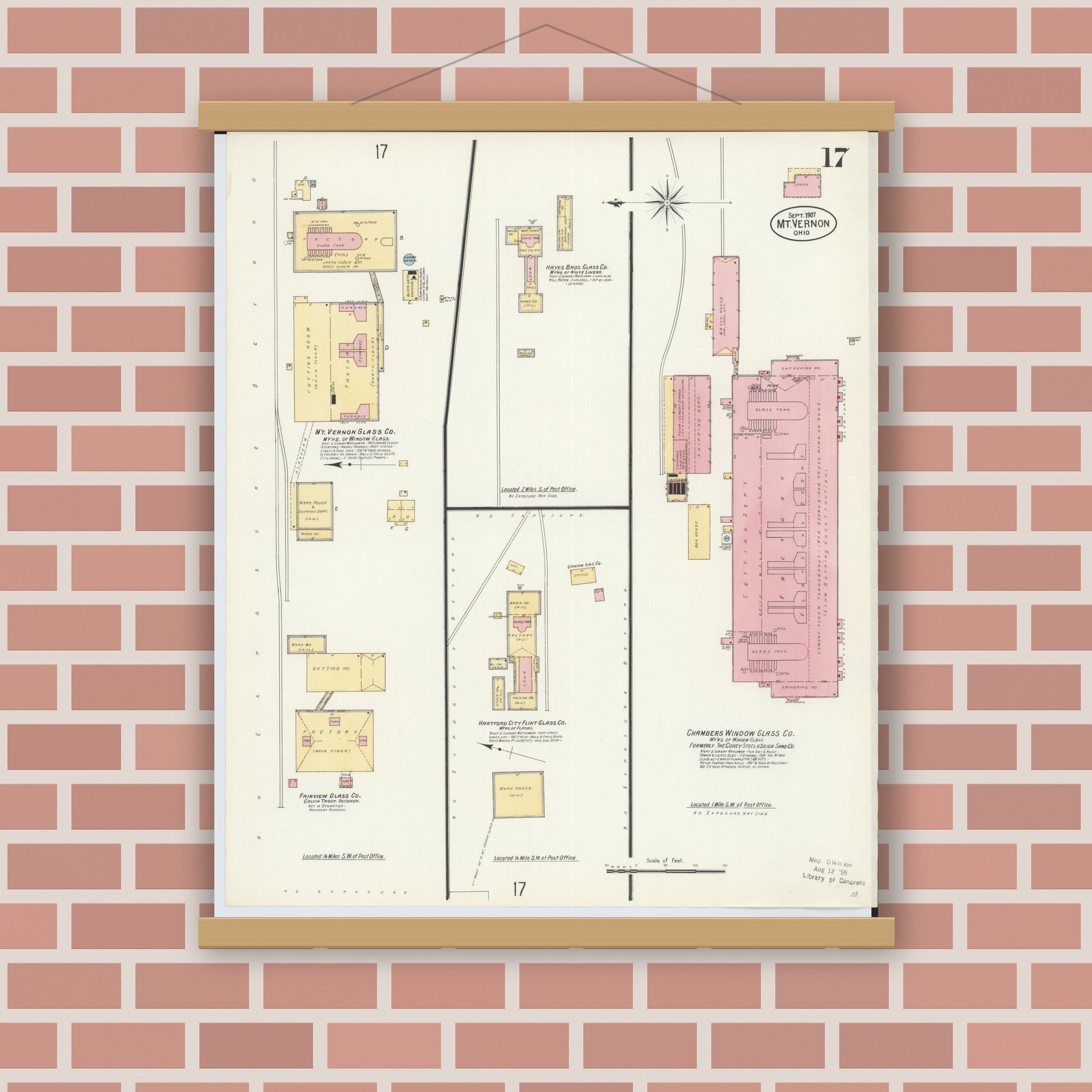 Old map wall art mockup — magnetic wood frame on brick wall — Sanborn Fire Insurance Map from Mount Vernon, Knox County, Ohio (1907), Sheet #0017