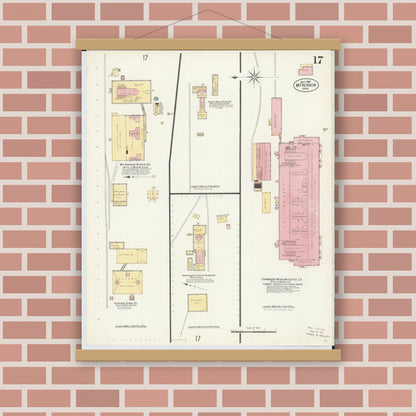Old map wall art mockup — magnetic wood frame on brick wall — Sanborn Fire Insurance Map from Mount Vernon, Knox County, Ohio (1907), Sheet #0017