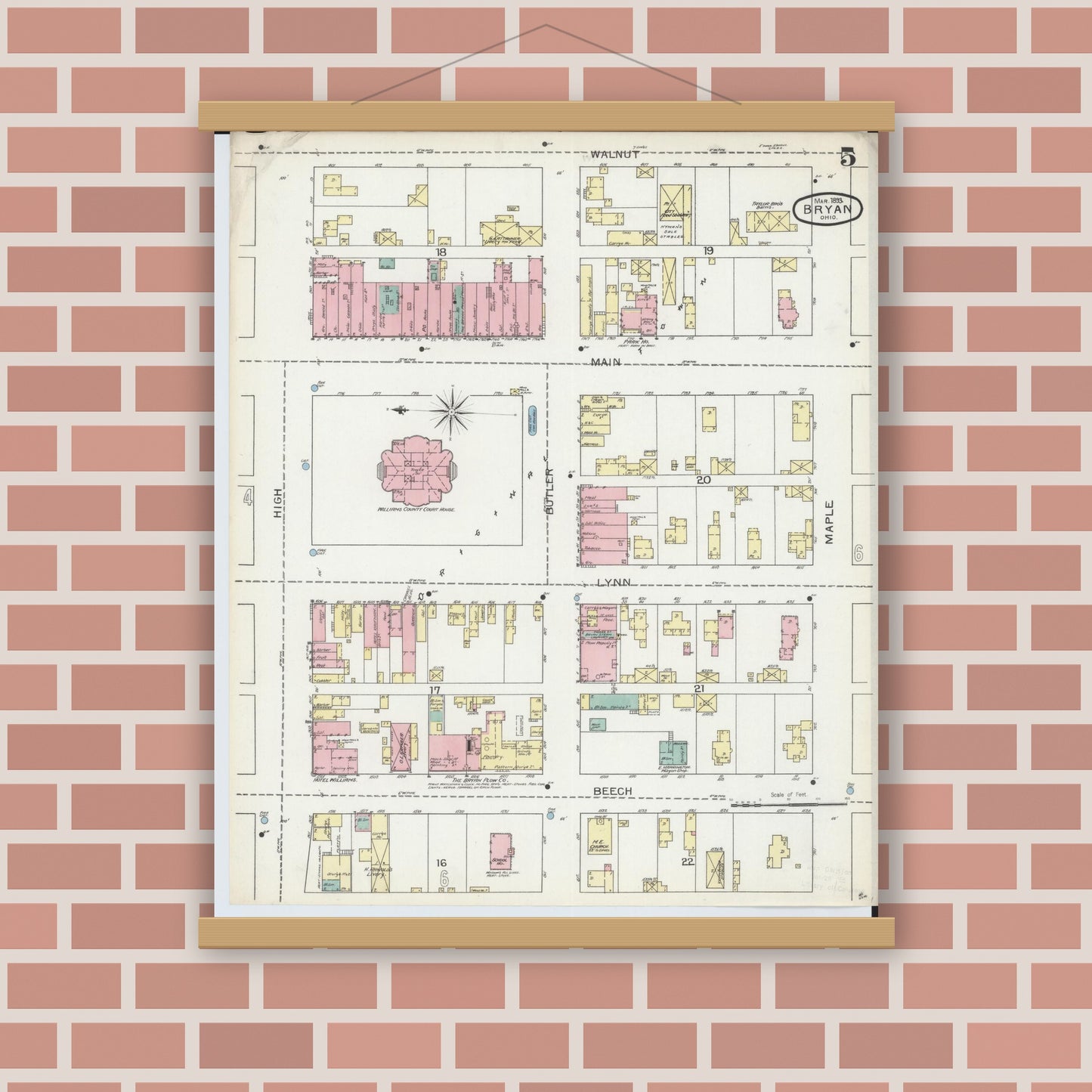 Old map wall art mockup — magnetic wood frame on brick wall — Sanborn Fire Insurance Map from Bryan, Williams County, Ohio (1893), Sheet #0005