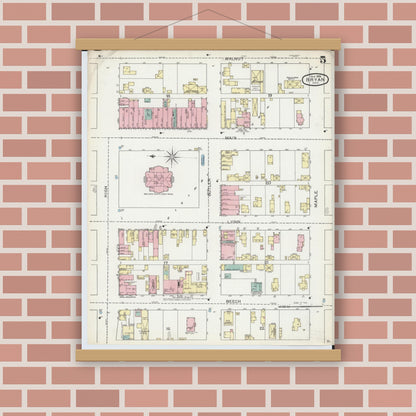 Old map wall art mockup — magnetic wood frame on brick wall — Sanborn Fire Insurance Map from Bryan, Williams County, Ohio (1893), Sheet #0005