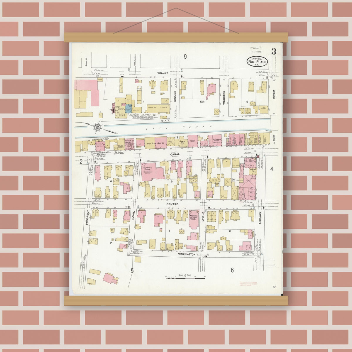 Old map wall art mockup — magnetic wood frame on brick wall — Sanborn Fire Insurance Map from Fort Plain, Montgomery County, New York (1912), Sheet #0003