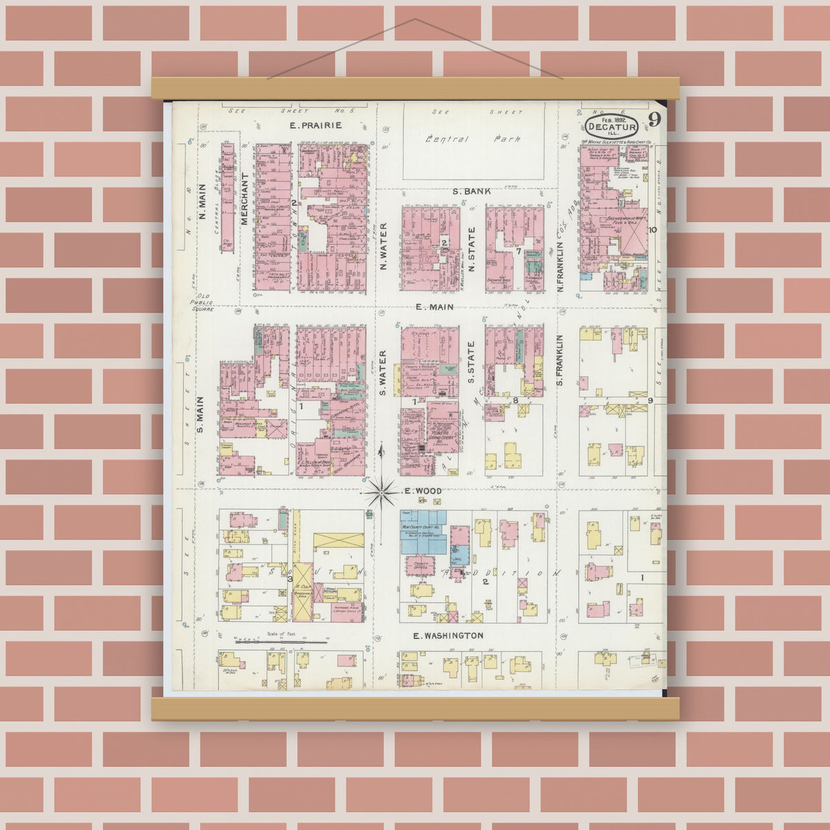 Old map wall art mockup — magnetic wood frame on brick wall — Sanborn Fire Insurance Map from Decatur, Macon County, Illinois (1892), Sheet #0009