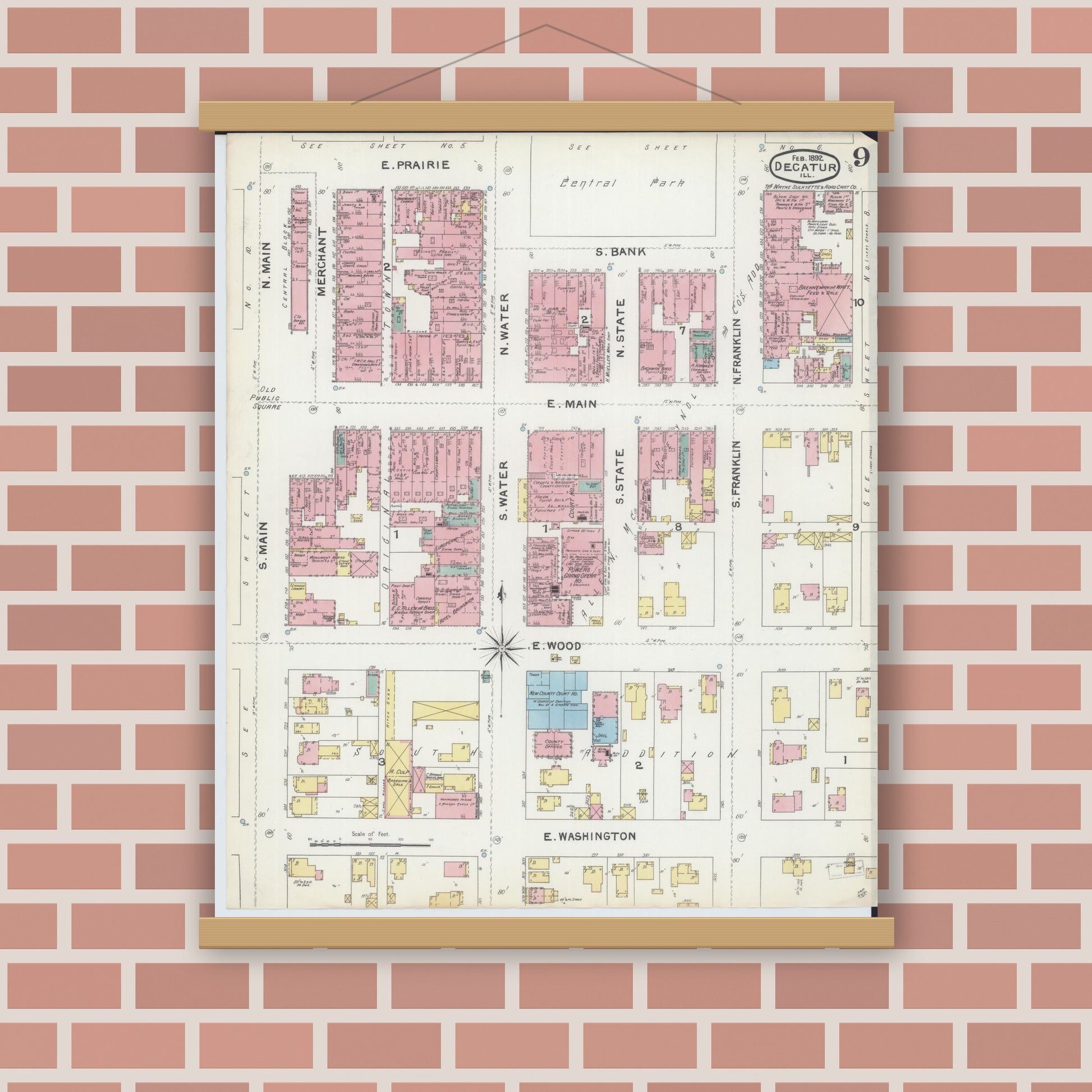 Old map wall art mockup — magnetic wood frame on brick wall — Sanborn Fire Insurance Map from Decatur, Macon County, Illinois (1892), Sheet #0009