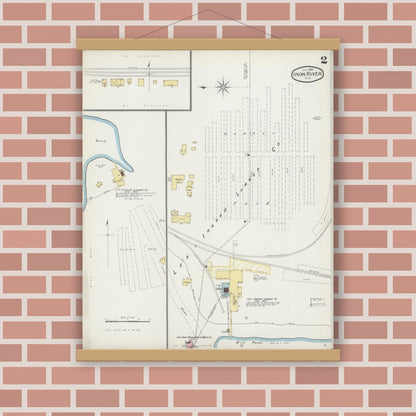 Old map wall art mockup — magnetic wood frame on brick wall — Sanborn Fire Insurance Map from Iron River, Bayfield County, Wisconsin (1893), Sheet #0002