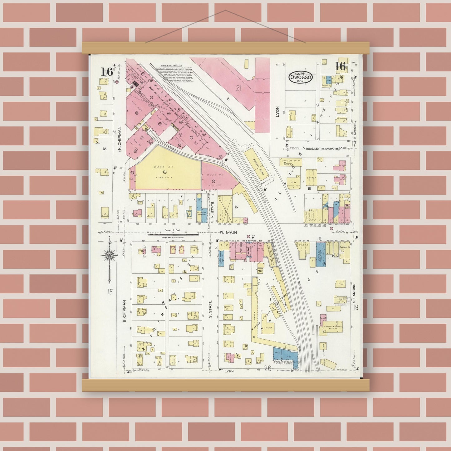 Old map wall art mockup — magnetic wood frame on brick wall — Sanborn Fire Insurance Map from Owosso, Shiawassee County, Michigan (1924), Sheet #0016