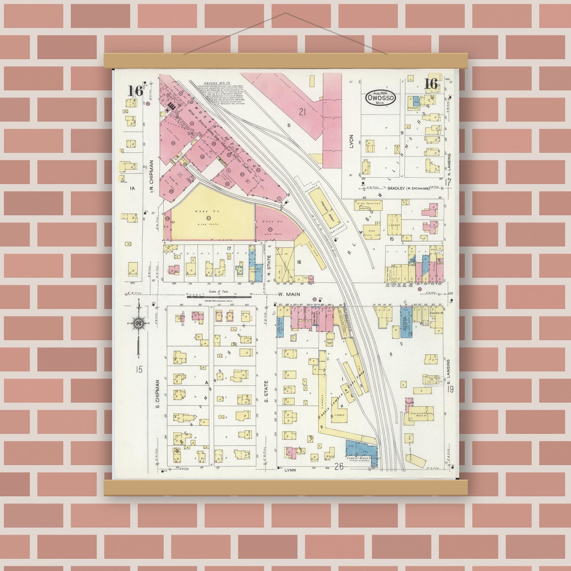 Old map wall art mockup — magnetic wood frame on brick wall — Sanborn Fire Insurance Map from Owosso, Shiawassee County, Michigan (1924), Sheet #0016