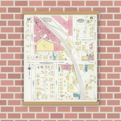 Old map wall art mockup — magnetic wood frame on brick wall — Sanborn Fire Insurance Map from Owosso, Shiawassee County, Michigan (1924), Sheet #0016