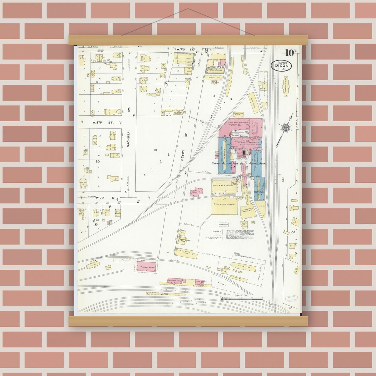 Old map wall art mockup — magnetic wood frame on brick wall — Sanborn Fire Insurance Map from Dixon, Lee County, Illinois (1910), Sheet #0010