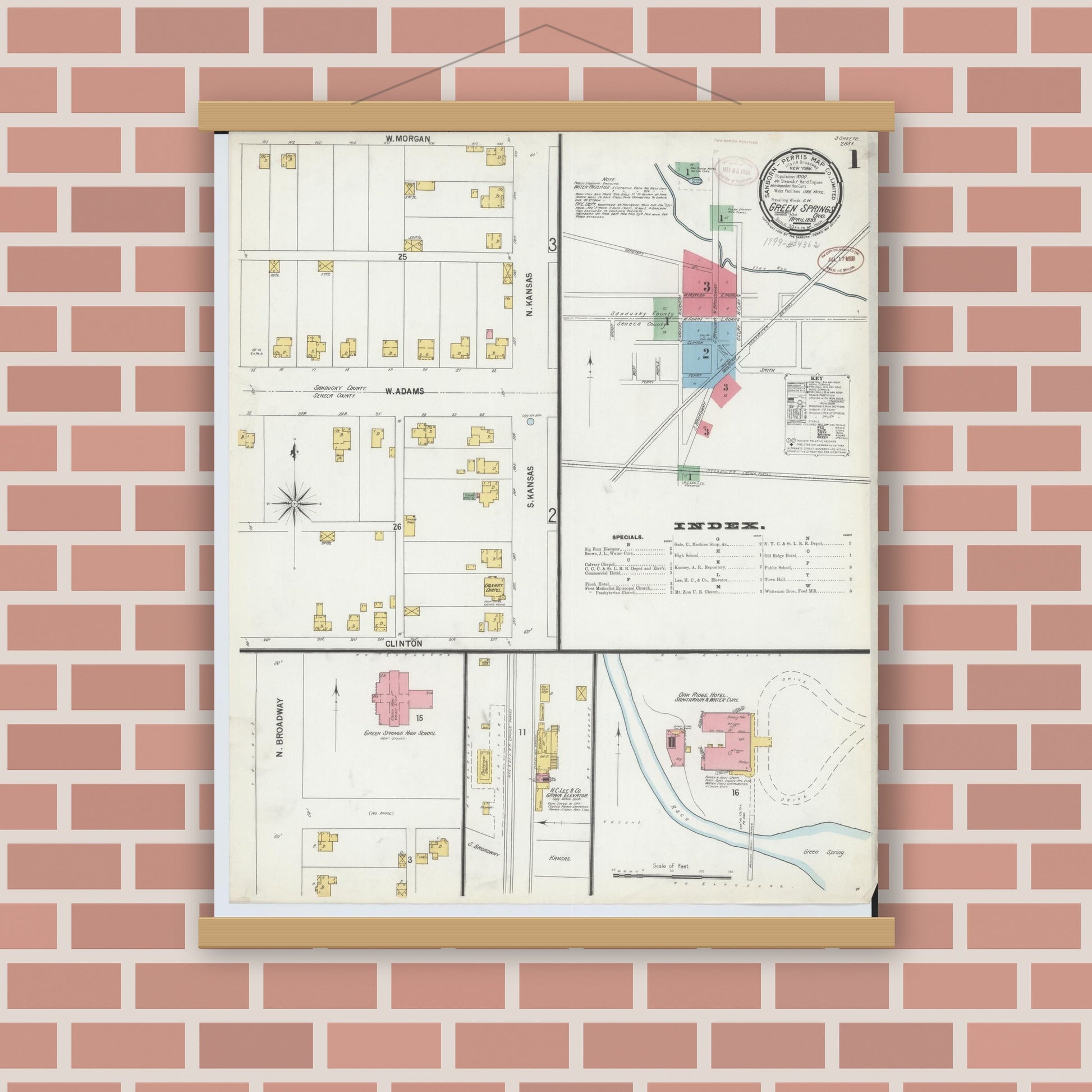 Old map wall art mockup — magnetic wood frame on brick wall — Sanborn Fire Insurance Map from Green Springs, Sandusky And Seneca Counties, Ohio (1899) - Complete Map Set