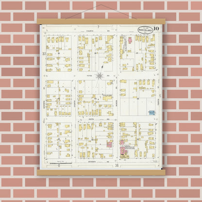 Old map wall art mockup — magnetic wood frame on brick wall — Sanborn Fire Insurance Map from Rock Island, Rock Island County, Illinois (1898), Sheet #0010